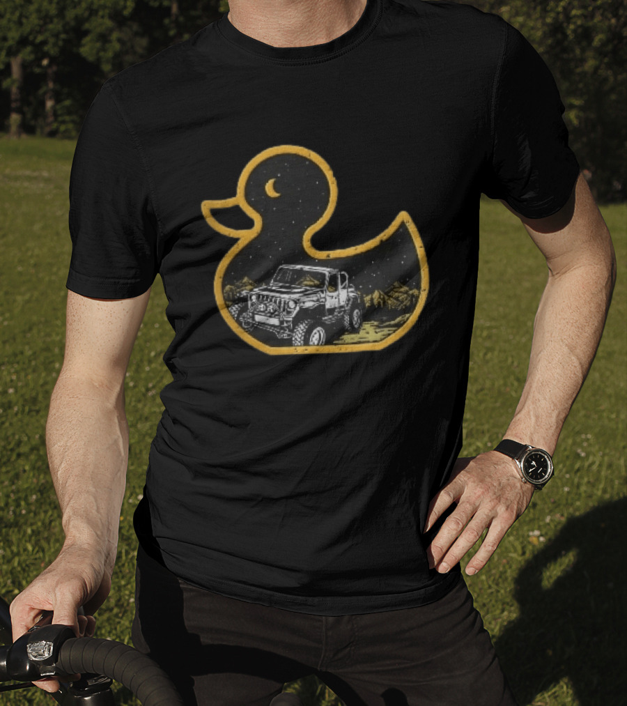 Distressed Yellow Duck Jeep Mountains Night Sky Crescent Moon T-Shirt