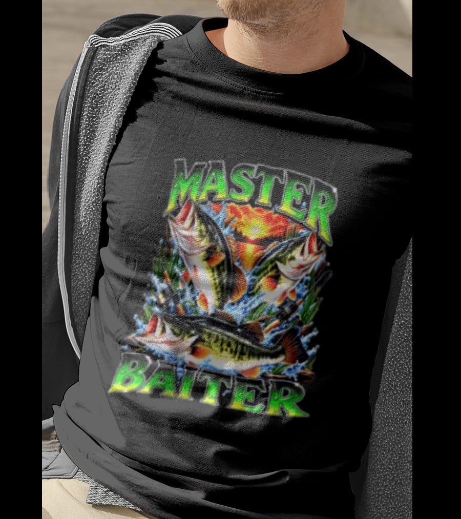 Master Baiter Fishing Large Mouth Bass Sunset Scene T-Shirt