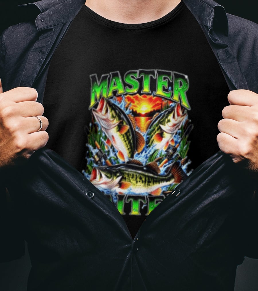 Master Baiter Fishing Large Mouth Bass Sunset Scene T-Shirt