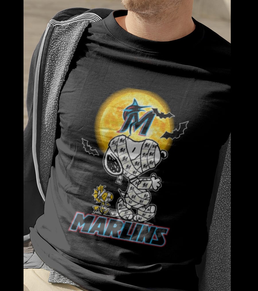 Miami Marlins Snoopy Woodstock Mummy Halloween Moon T-Shirt