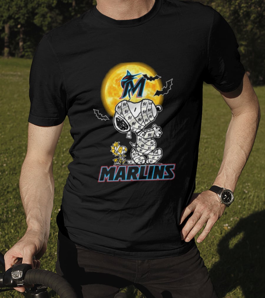Miami Marlins Snoopy Woodstock Mummy Halloween Moon T-Shirt