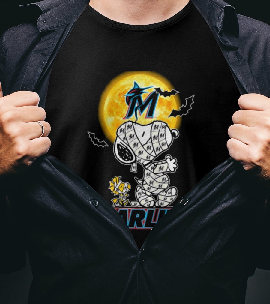 Miami Marlins Snoopy Woodstock Mummy Halloween Moon T-Shirt