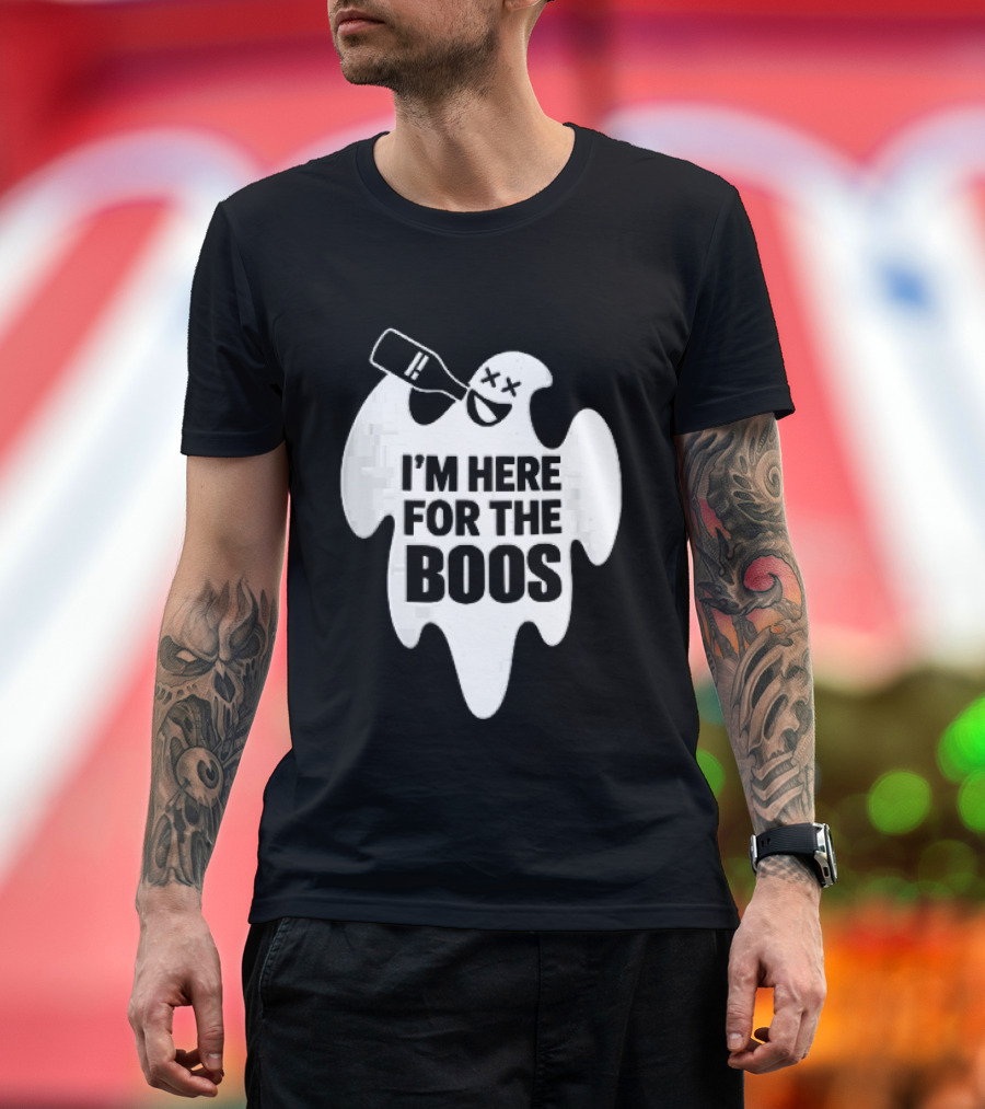 I'm Here For The Boos Cartoon Ghost Drinking Alcohol Bottle T-Shirt