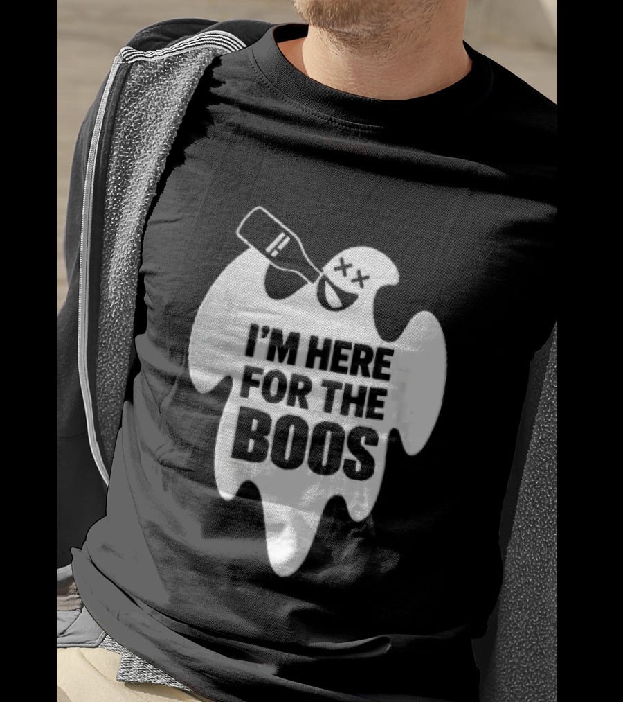 I'm Here For The Boos Cartoon Ghost Drinking Alcohol Bottle T-Shirt