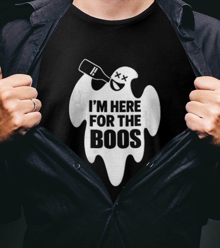 I'm Here For The Boos Cartoon Ghost Drinking Alcohol Bottle T-Shirt