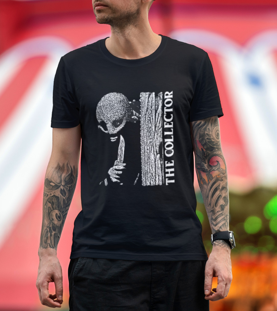 The Collector Masked Figure Knife Wooden Door Peeking Halftone T-Shirt