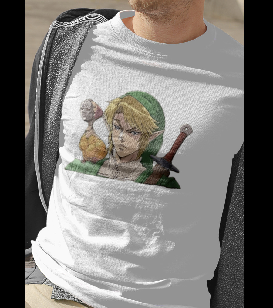 Anime Blonde Elf Knight In Green Tunic With Sword And Strange Bird Companion T-Shirt