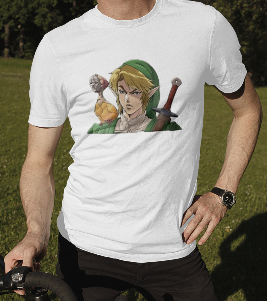 Anime Blonde Elf Knight In Green Tunic With Sword And Strange Bird Companion T-Shirt