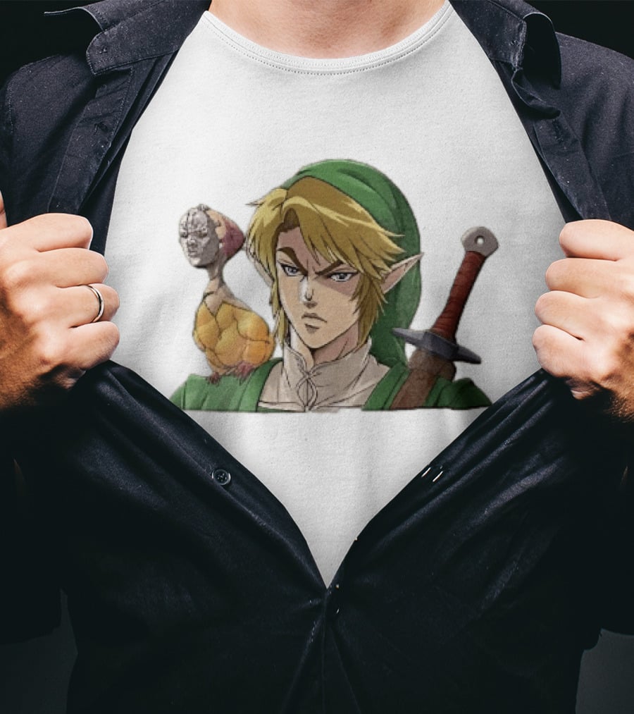 Anime Blonde Elf Knight In Green Tunic With Sword And Strange Bird Companion T-Shirt