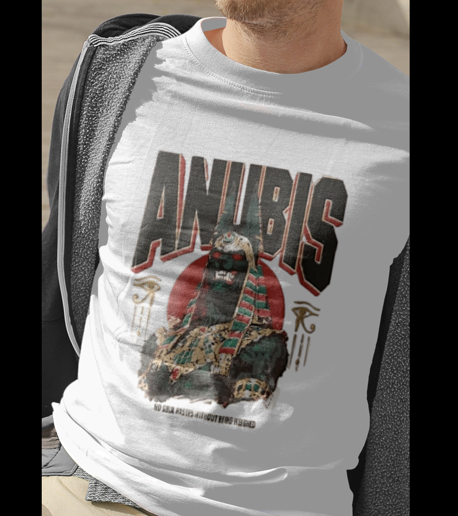 Anubis Jackal Headed Egyptian God Distressed No Soul Passes Without Being Weighed Sun T-Shirt