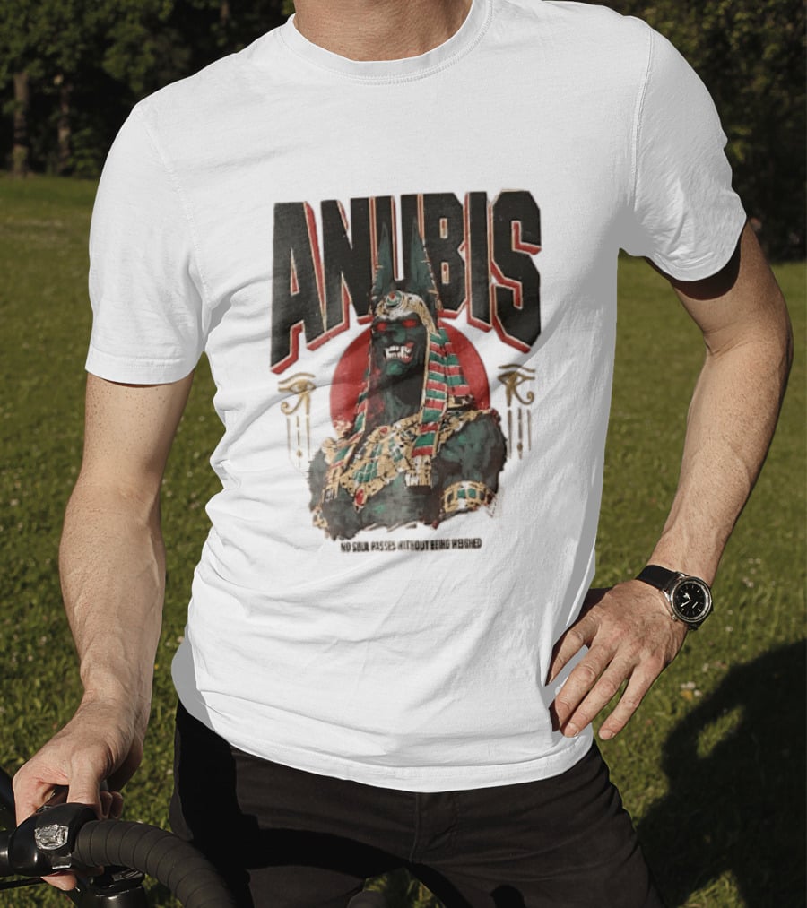 Anubis Jackal Headed Egyptian God Distressed No Soul Passes Without Being Weighed Sun T-Shirt