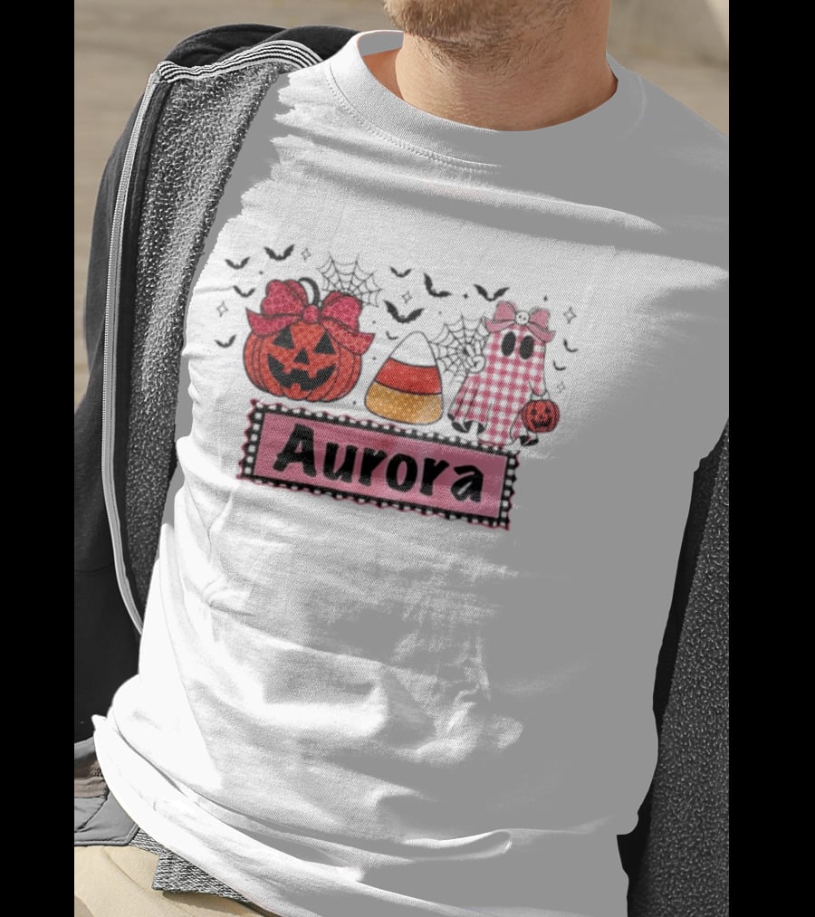 Aurora Halloween Pumpkin Ghost Candy Corn And Spiderwebs T-Shirt