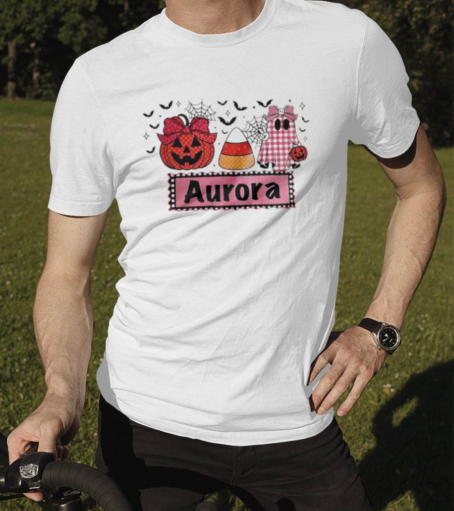 Aurora Halloween Pumpkin Ghost Candy Corn And Spiderwebs T-Shirt