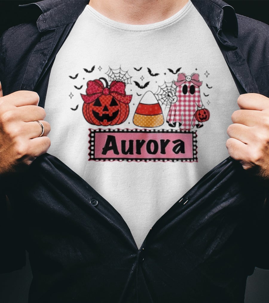 Aurora Halloween Pumpkin Ghost Candy Corn And Spiderwebs T-Shirt