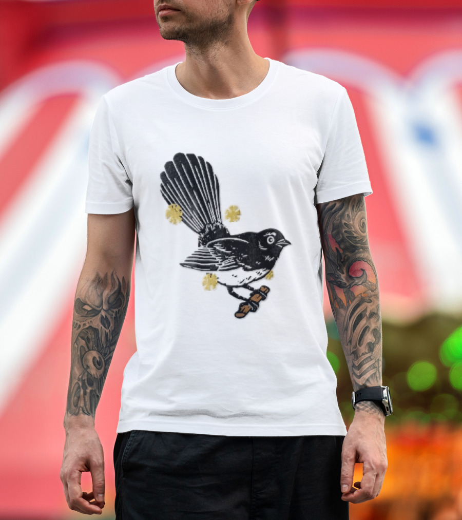 Black White Linocut Fantail Bird Branch Yellow Flowers T-Shirt