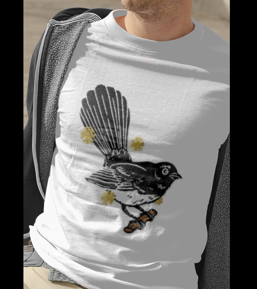 Black White Linocut Fantail Bird Branch Yellow Flowers T-Shirt