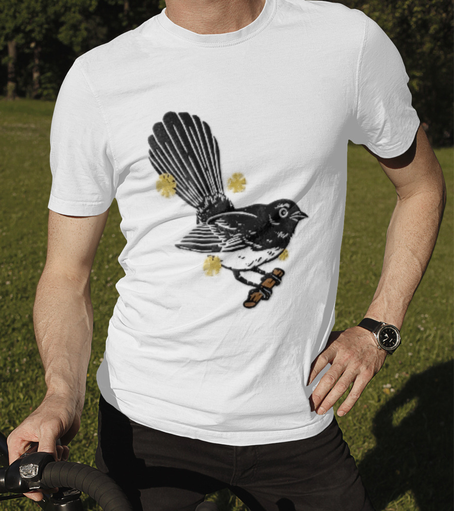 Black White Linocut Fantail Bird Branch Yellow Flowers T-Shirt
