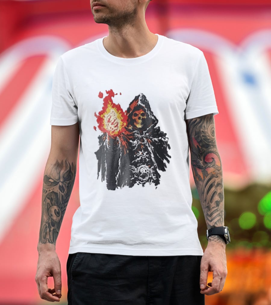 Hooded Skeleton Sorcerer With Glowing Red Fireball T-Shirt