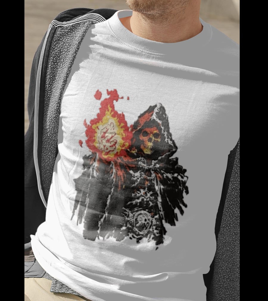 Hooded Skeleton Sorcerer With Glowing Red Fireball T-Shirt