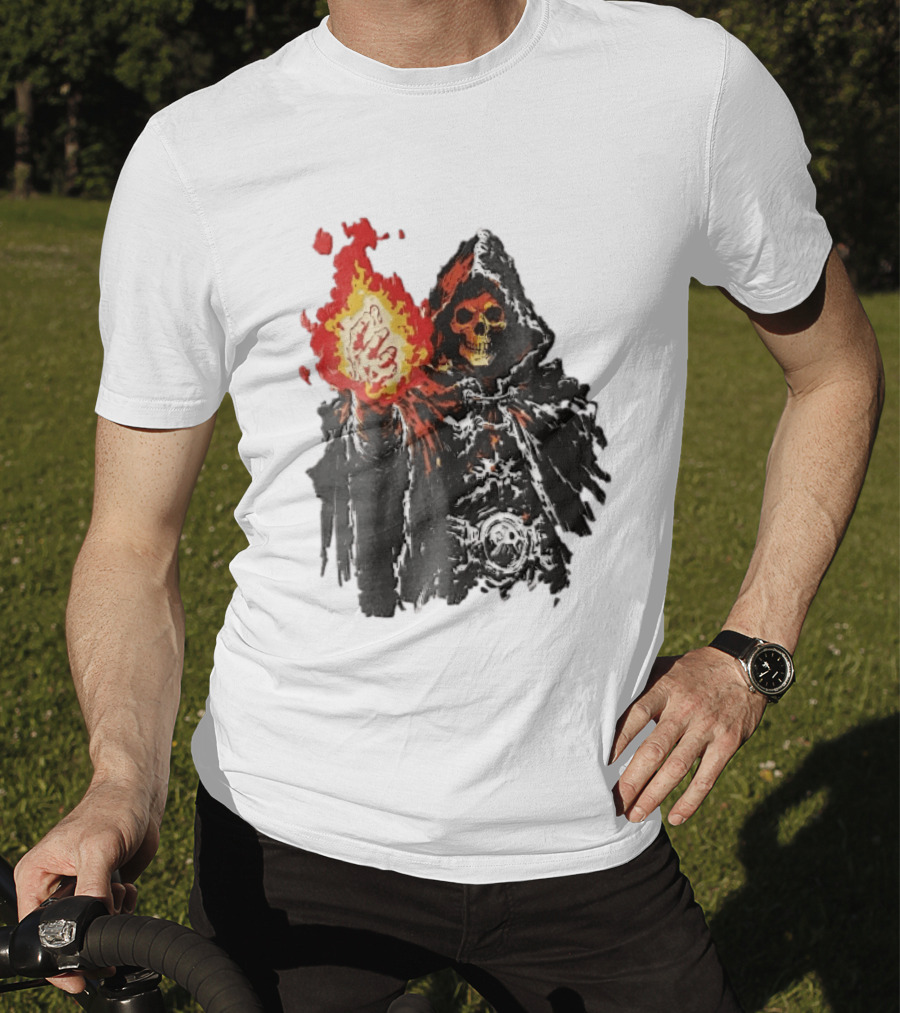 Hooded Skeleton Sorcerer With Glowing Red Fireball T-Shirt