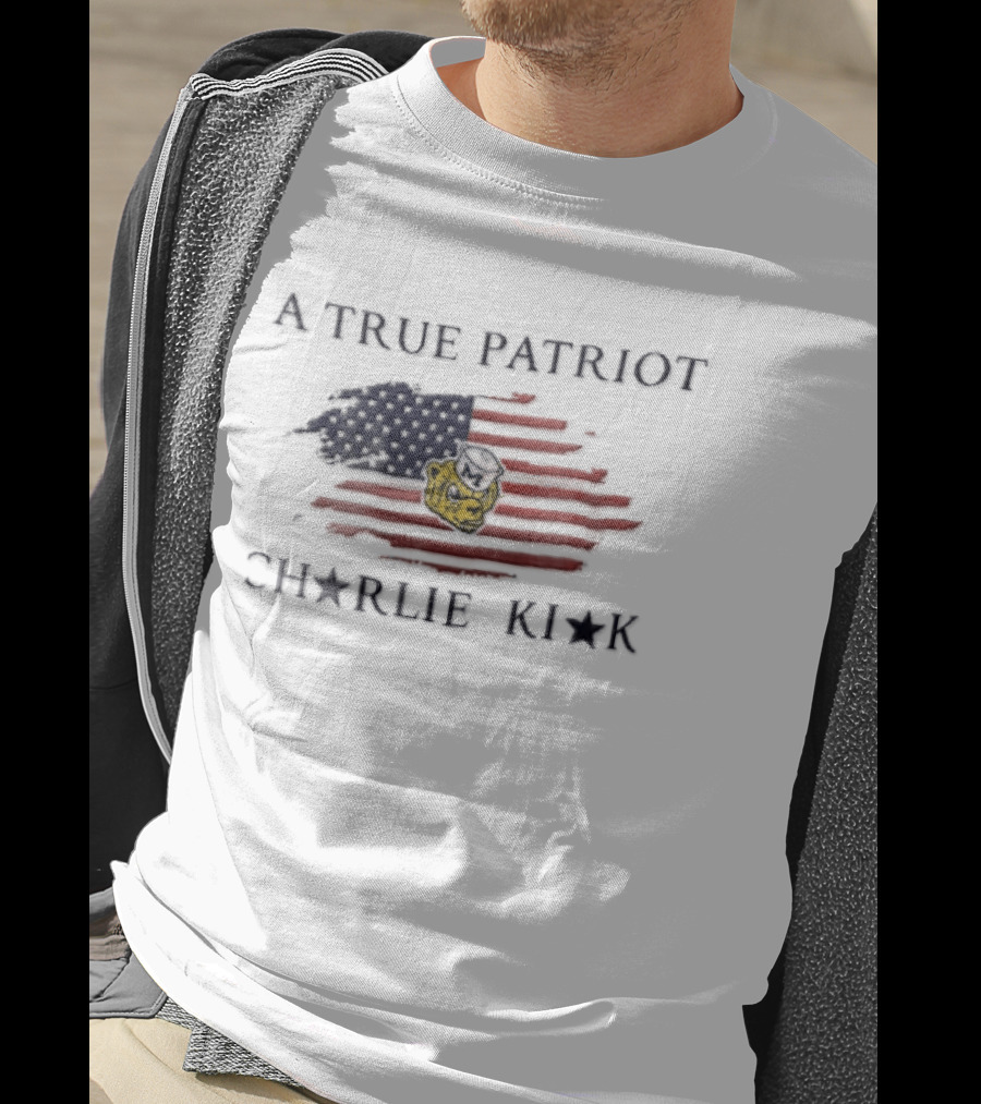 A True Patriot Charlie Kirk Distressed US Flag Wolverine Head T-Shirt