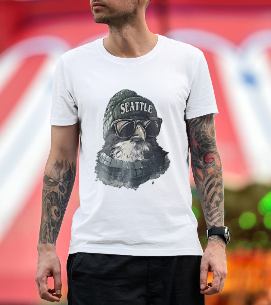 Seattle Beanie Hawk Cartoon With Sunglasses And Scarf T-Shirt