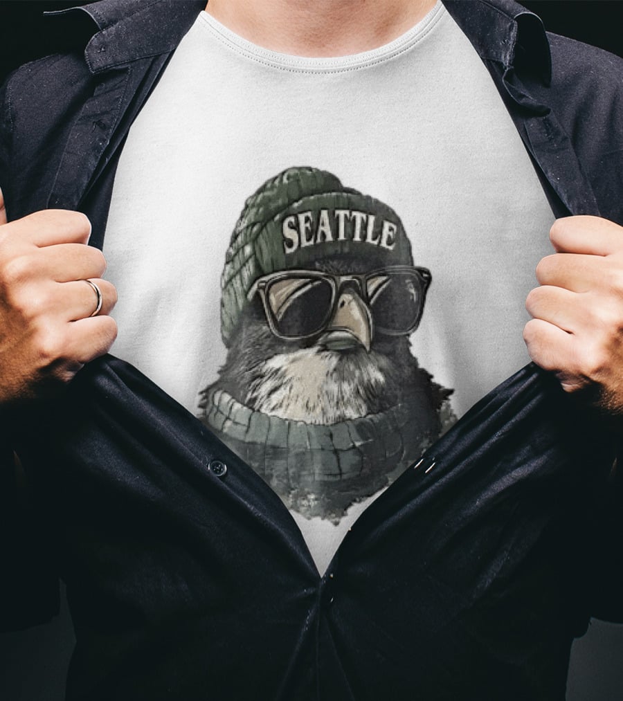 Seattle Beanie Hawk Cartoon With Sunglasses And Scarf T-Shirt