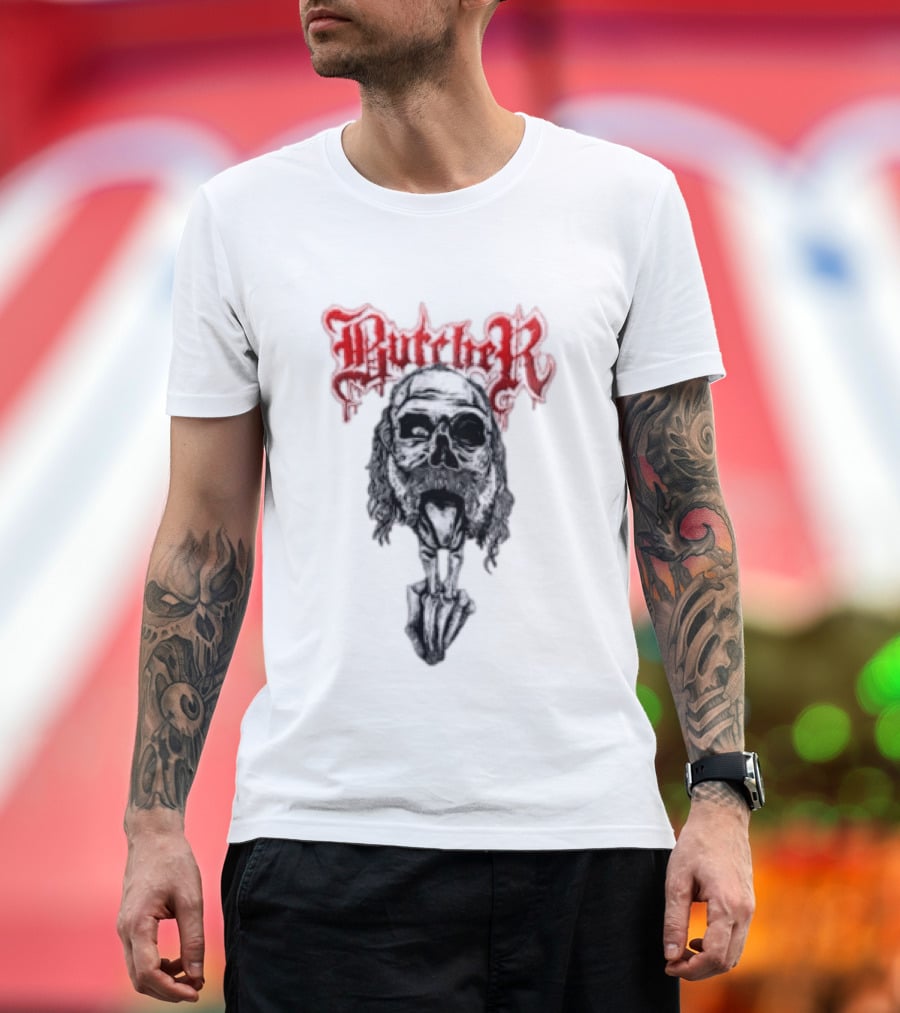 Butcher Skull With Gothic Red Text And Grim T-Shirt