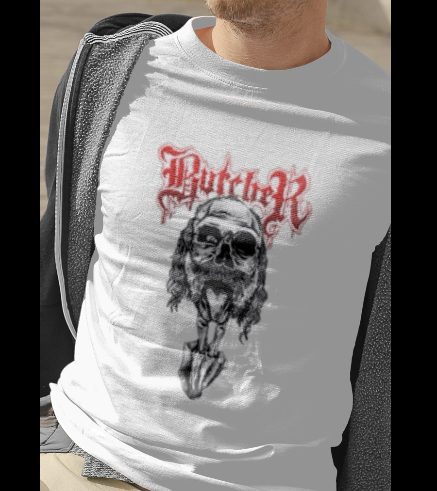 Butcher Skull With Gothic Red Text And Grim T-Shirt
