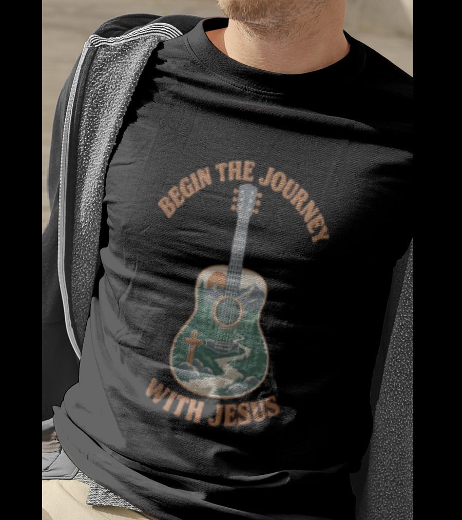 Begin The Journey With Jesus Guitar Mountain Path And Cross T-Shirt