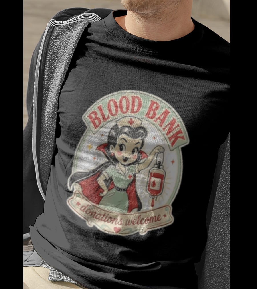 Blood Bank Donations Welcome Vampire Nurse Retro Cartoon T-Shirt