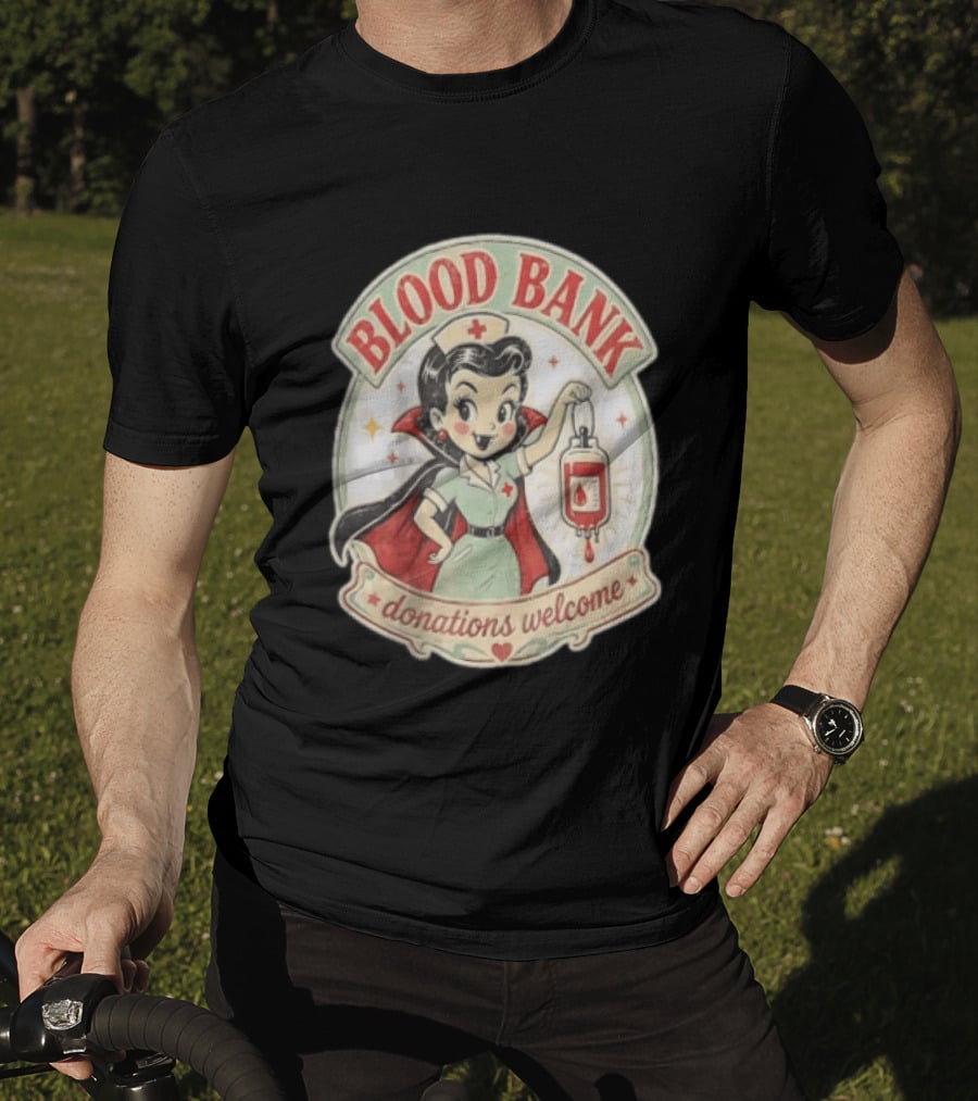 Blood Bank Donations Welcome Vampire Nurse Retro Cartoon T-Shirt