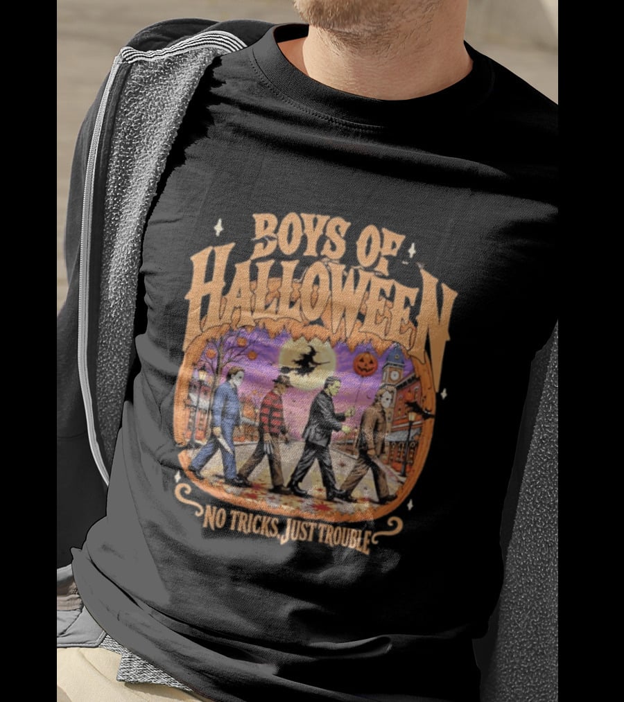 Boys Of Halloween Horror Characters Abbey Road No Tricks Just Trouble T-Shirt