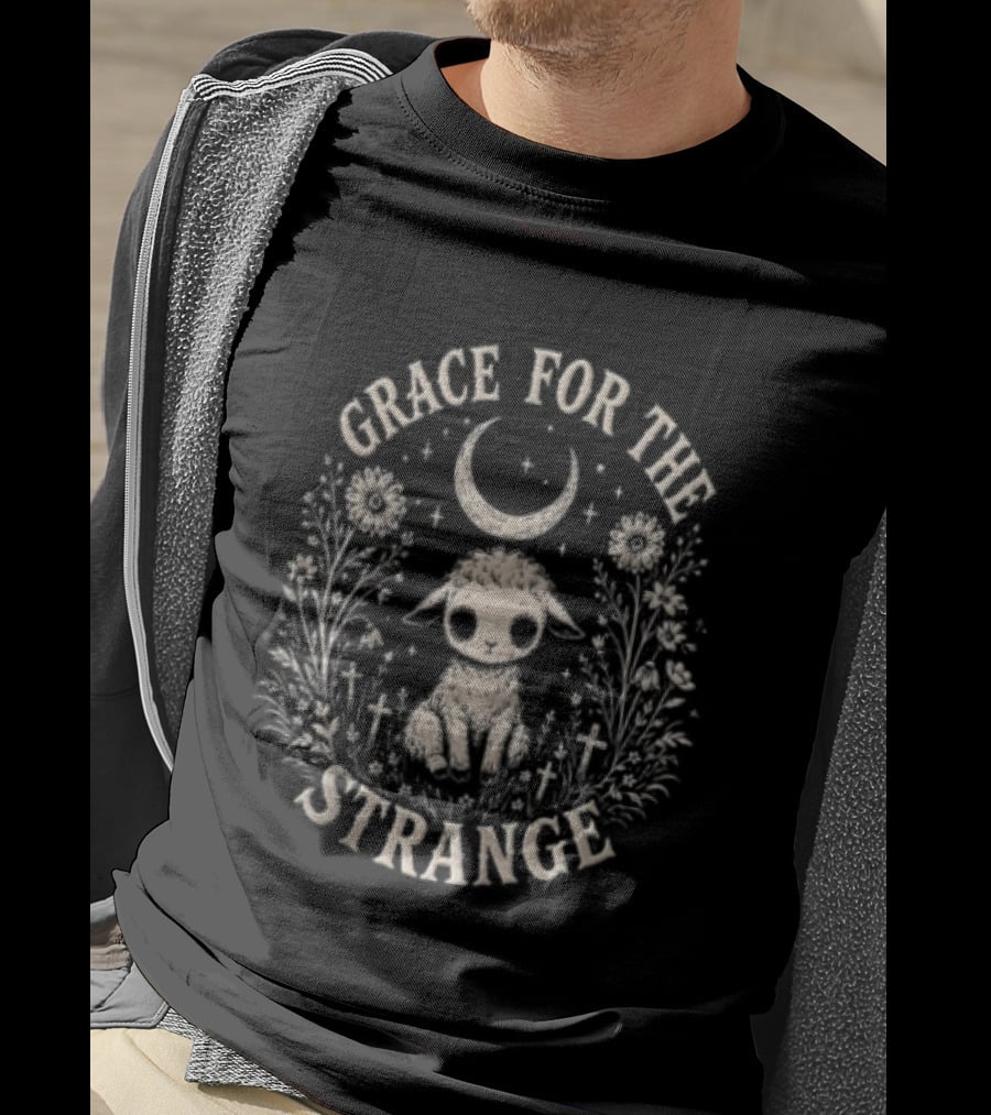 Grace For The Strange Lamb With Moon And Floral Accents T-Shirt