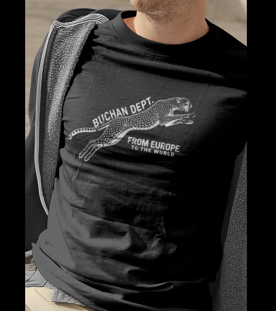 Buchan Store Cheetah Dept Black From Europe To The World T-Shirt