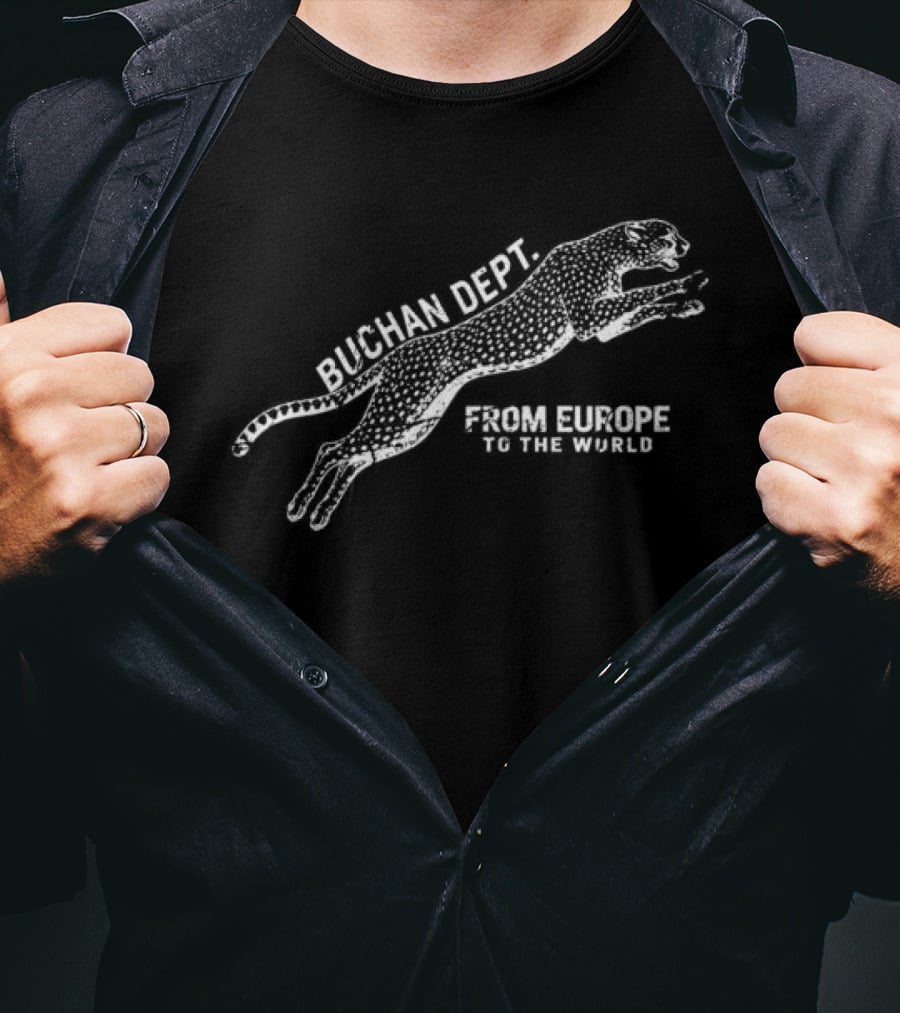 Buchan Store Cheetah Dept Black From Europe To The World T-Shirt