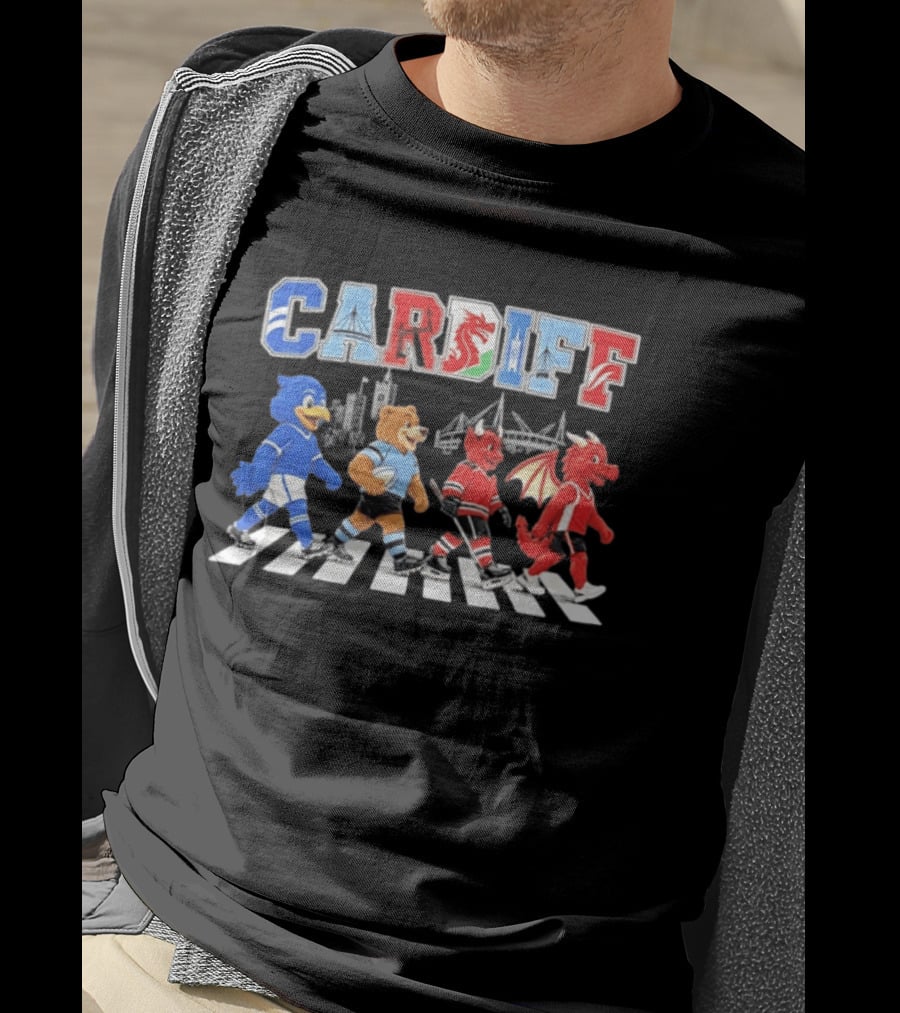 Cardiff Sports Abbey Road Parody With Cartoon Animals Crossing T-Shirt