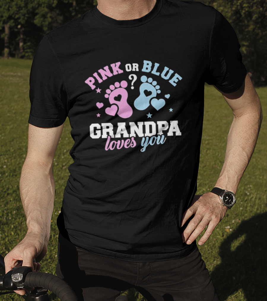 Pink Or Blue Grandpa Loves You Heart Footprints Gender Reveal T-Shirt