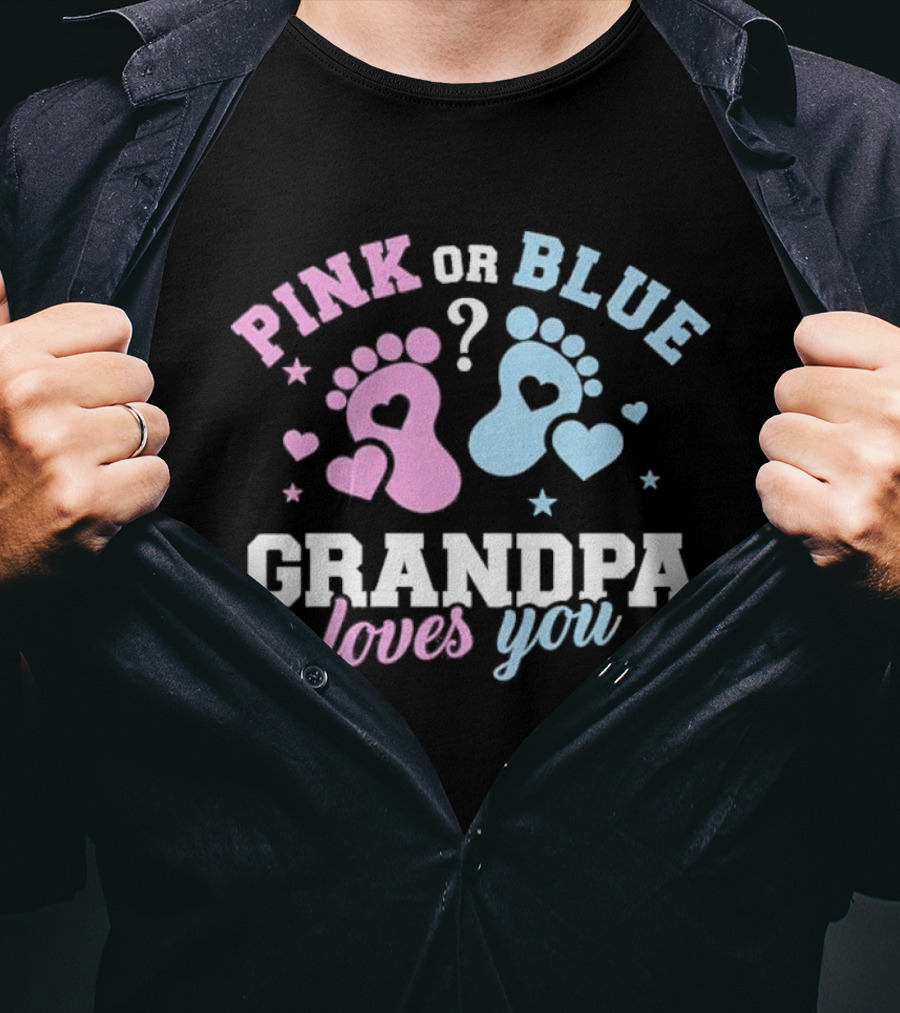 Pink Or Blue Grandpa Loves You Heart Footprints Gender Reveal T-Shirt