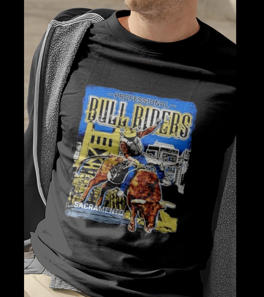 Professional Bull Riders Sacramento Cowboy Riding Bull Cityscape T-Shirt