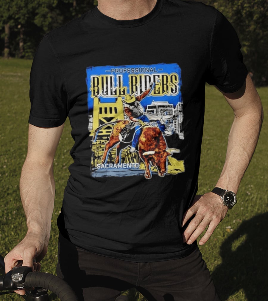 Professional Bull Riders Sacramento Cowboy Riding Bull Cityscape T-Shirt