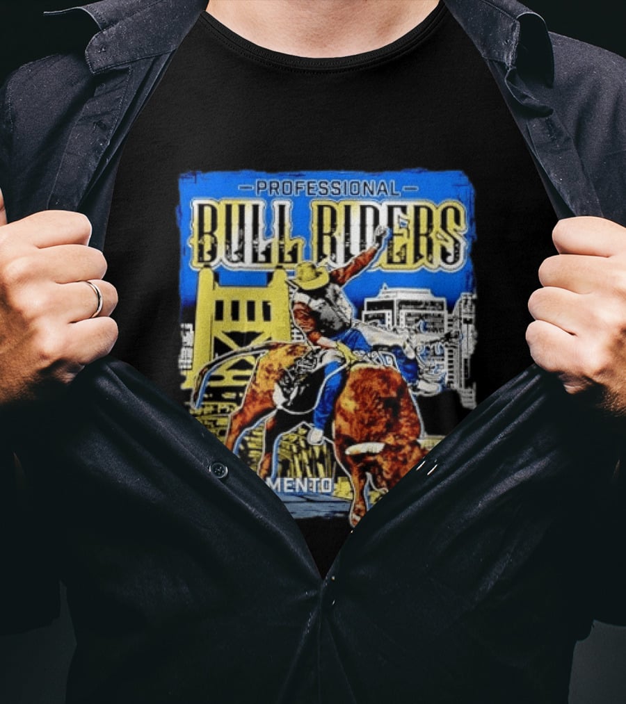 Professional Bull Riders Sacramento Cowboy Riding Bull Cityscape T-Shirt