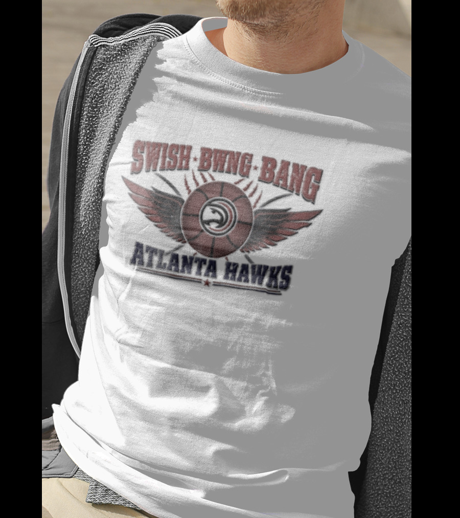 Atlanta Hawks Swish Bwng Bang Distressed Winged Basketball T-Shirt