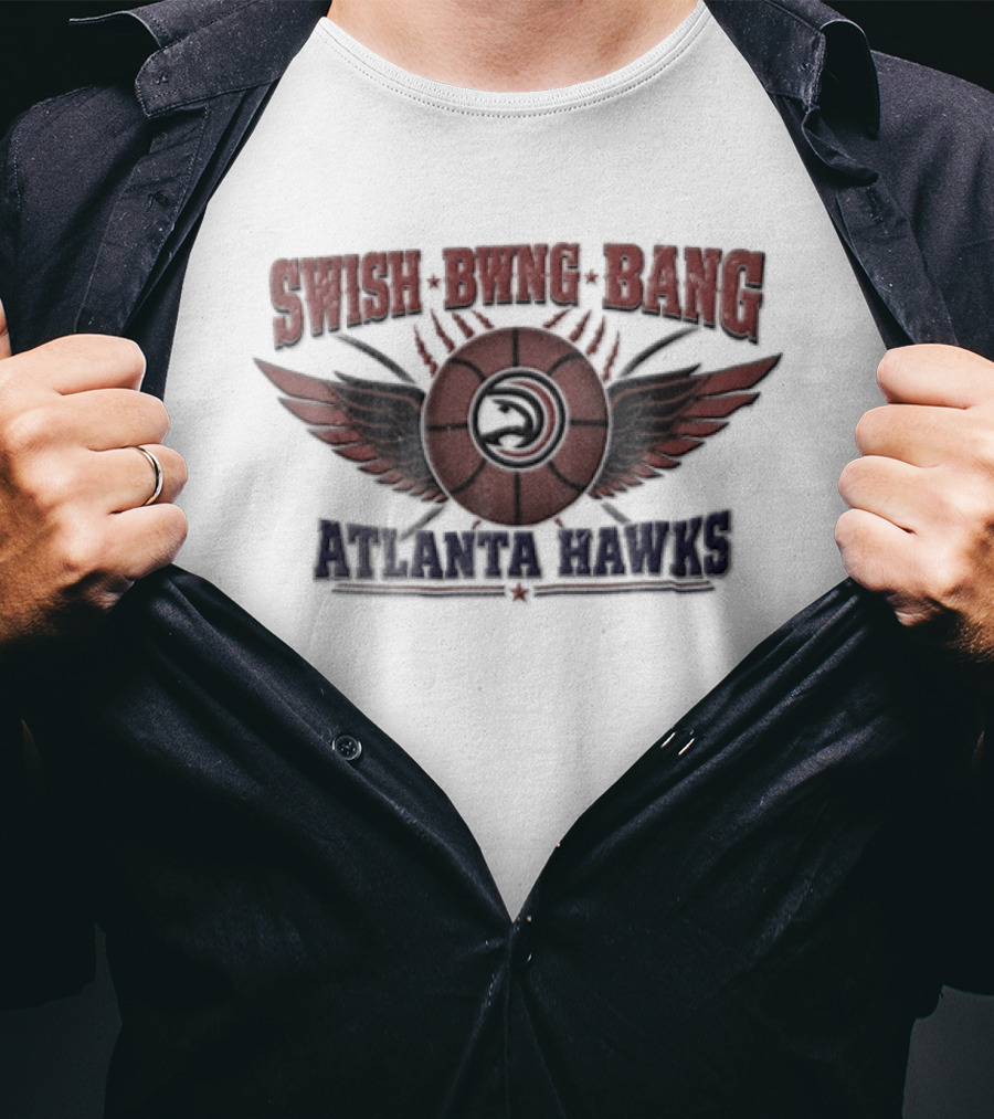 Atlanta Hawks Swish Bwng Bang Distressed Winged Basketball T-Shirt