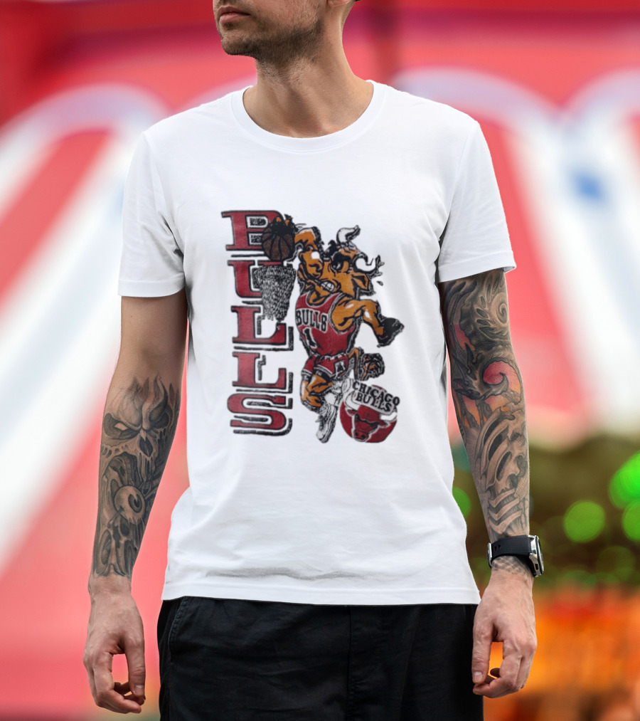 Chicago Bulls Bull Dunking Basketball Hoop NBA Cartoon Caricature T-Shirt