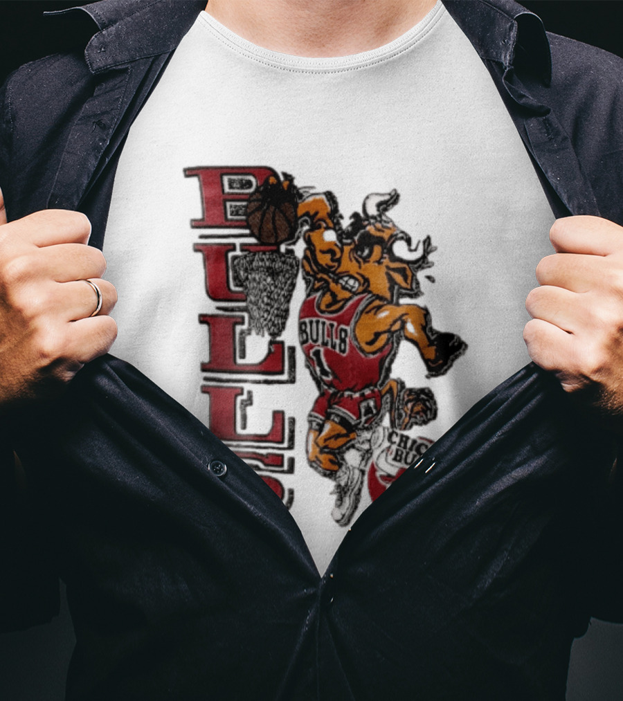 Chicago Bulls Bull Dunking Basketball Hoop NBA Cartoon Caricature T-Shirt