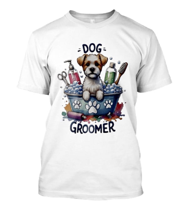 Dog Groomer Puppy Bath Tub Soap Scissors Brush Watercolor T-Shirt