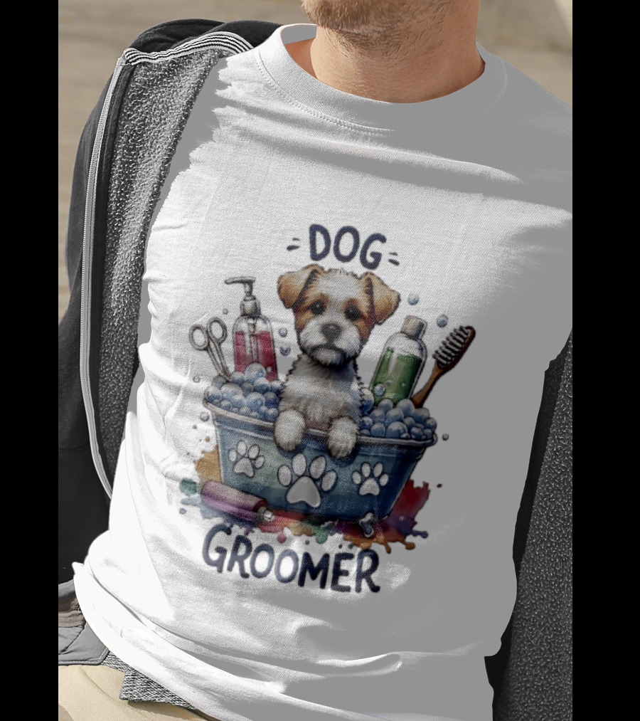 Dog Groomer Puppy Bath Tub Soap Scissors Brush Watercolor T-Shirt