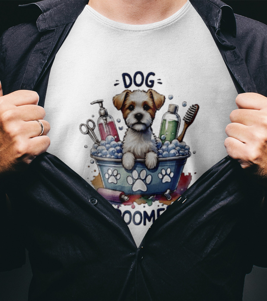 Dog Groomer Puppy Bath Tub Soap Scissors Brush Watercolor T-Shirt