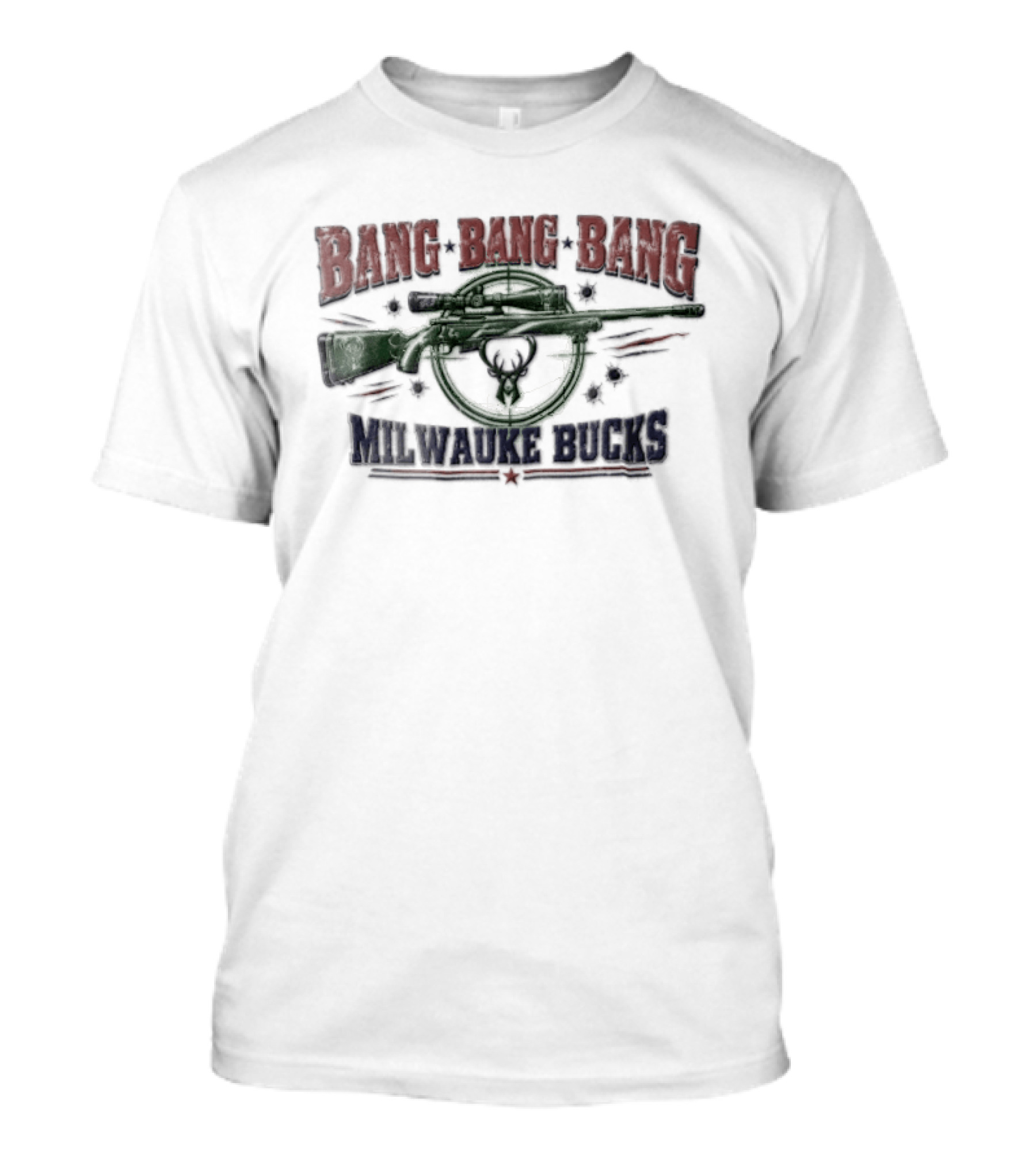 Milwaukee Bucks NBA Bang Bang Bang Rifle Crosshairs Distressed T-Shirt